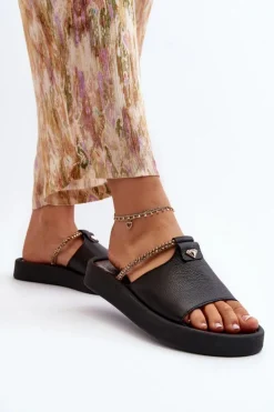 Damskie Zazoo 2896 Klapki Damskie Skórzane Czarne