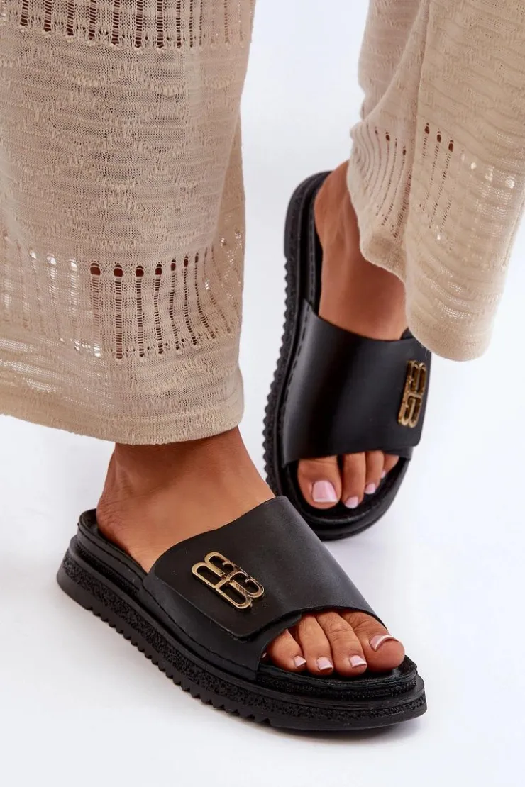 Damskie Zazoo 50101 Klapki Damskie Skórzane Na Platformie Czarne