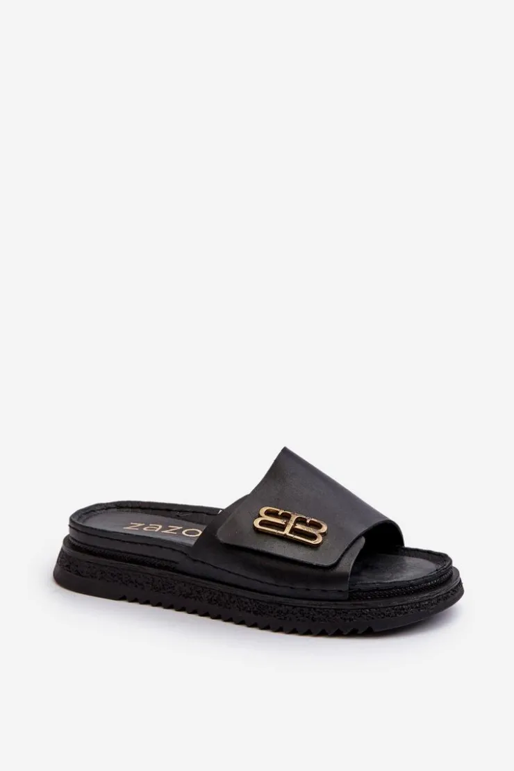 Damskie Zazoo 50101 Klapki Damskie Skórzane Na Platformie Czarne