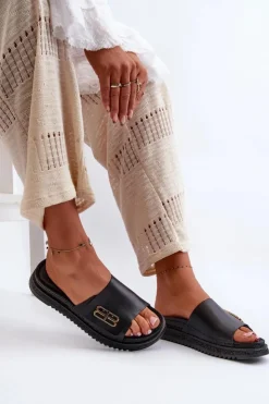 Damskie Zazoo 50101 Klapki Damskie Skórzane Na Platformie Czarne