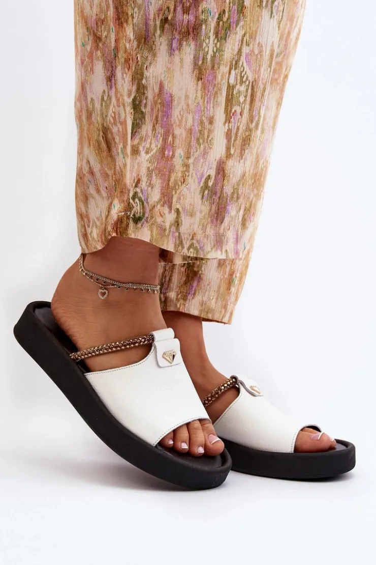 Damskie Zazoo 2896 Klapki Damskie Skórzane Białe