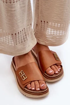 Zazoo Klapki Damskie Klasyczne*50101 Klapki Damskie Skórzane Na Platformie Brązowe