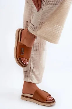 Zazoo Klapki Damskie Klasyczne*50101 Klapki Damskie Skórzane Na Platformie Brązowe