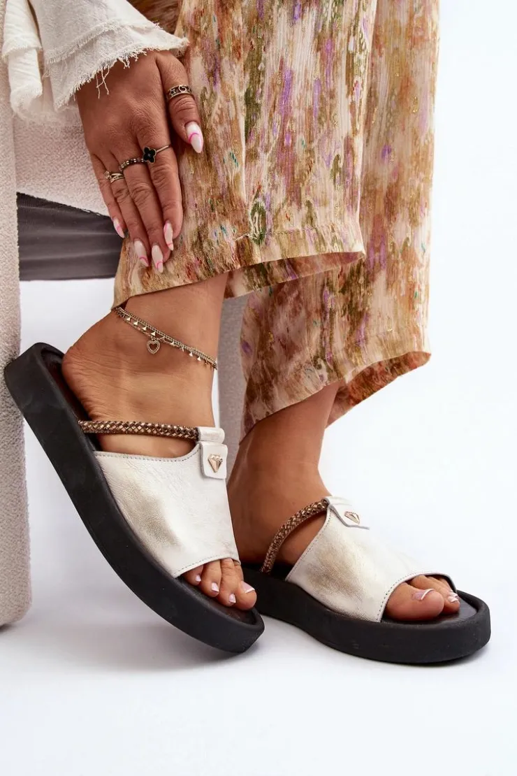 New Zazoo 2896 Klapki Damskie Skórzane Biało-Złote Biały