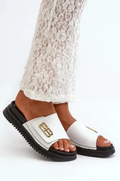 Best Zazoo 50101 Klapki Damskie Skórzane Na Platformie Białe