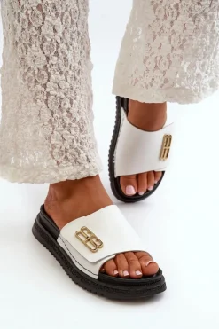 Best Zazoo 50101 Klapki Damskie Skórzane Na Platformie Białe