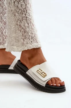 Best Zazoo 50101 Klapki Damskie Skórzane Na Platformie Białe