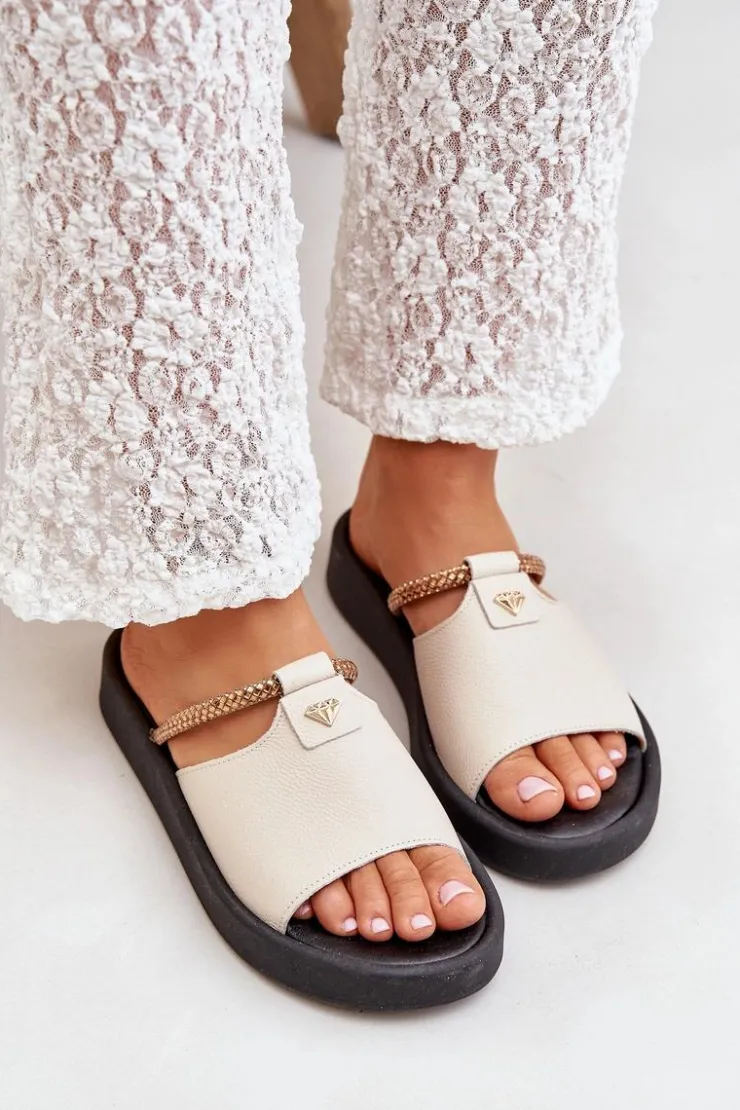 Online Zazoo 2896 Klapki Damskie Skórzane Beżowe