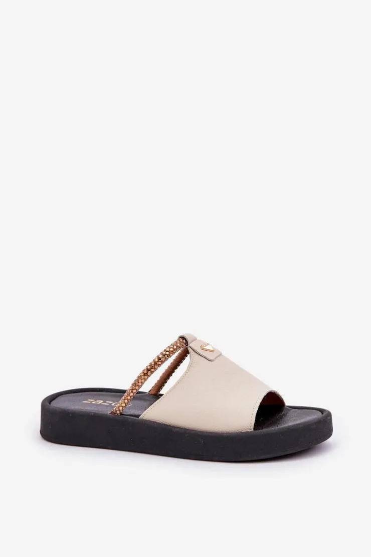 Online Zazoo 2896 Klapki Damskie Skórzane Beżowe