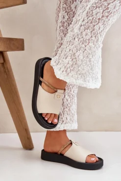 Online Zazoo 2896 Klapki Damskie Skórzane Beżowe