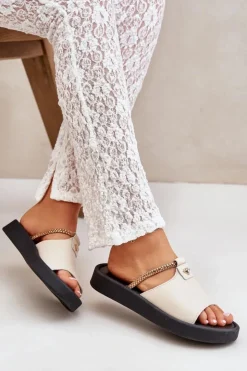 Online Zazoo 2896 Klapki Damskie Skórzane Beżowe