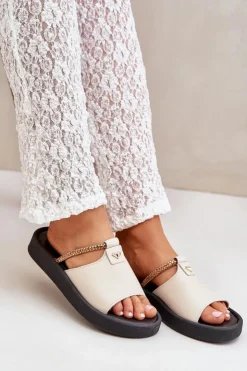 Online Zazoo 2896 Klapki Damskie Skórzane Beżowe