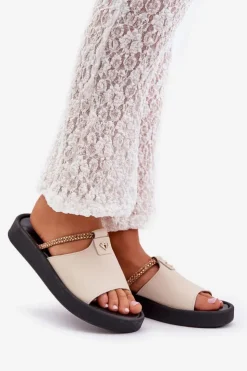 Online Zazoo 2896 Klapki Damskie Skórzane Beżowe