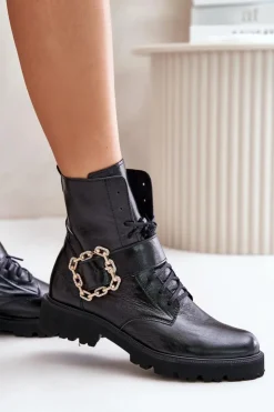 Zazoo Brązowe I Beżowe Botki|Botki Płaskie*2951 Lakierowane Botki Z Ozdobną Klamrą Czarne Czarny