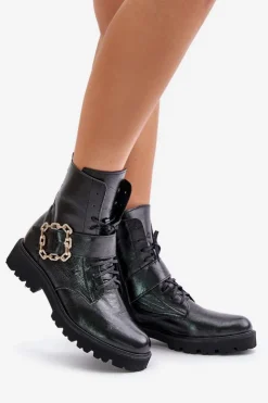 Zazoo Brązowe I Beżowe Botki|Botki Płaskie*2951 Lakierowane Botki Z Ozdobną Klamrą Czarne Czarny