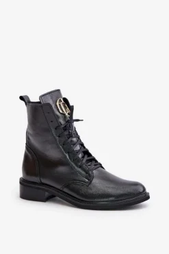 Damskie Zazoo 2955 Lakierowane Botki Workery Ze Złotym Detalem Na Języku Czarne