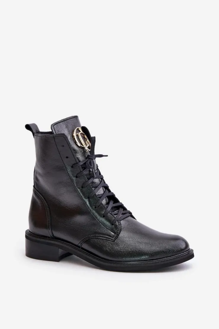 Damskie Zazoo 2955 Lakierowane Botki Workery Ze Złotym Detalem Na Języku Czarne