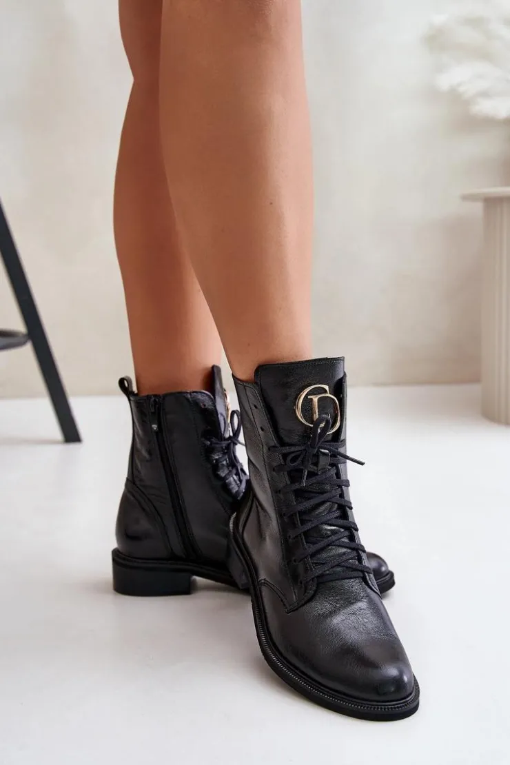 Damskie Zazoo 2955 Lakierowane Botki Workery Ze Złotym Detalem Na Języku Czarne