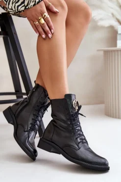 Damskie Zazoo 2955 Lakierowane Botki Workery Ze Złotym Detalem Na Języku Czarne