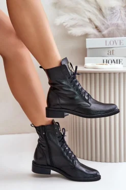 Damskie Zazoo 2955 Lakierowane Botki Workery Ze Złotym Detalem Na Języku Czarne