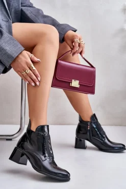 Damskie Zazoo 60504 Lakierowane Botki Na Klocku Ocieplane Czarne