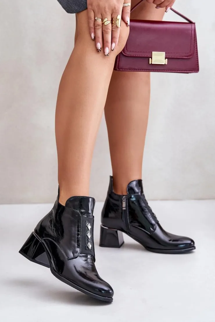 Damskie Zazoo 60504 Lakierowane Botki Na Klocku Ocieplane Czarne