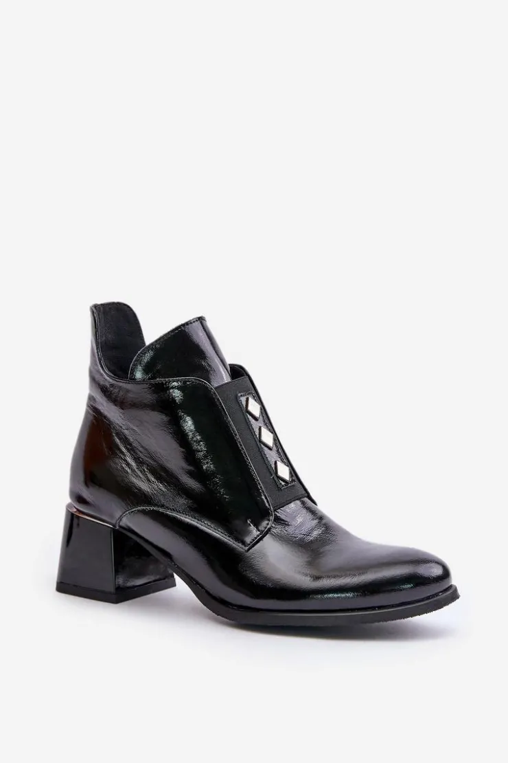 Damskie Zazoo 60504 Lakierowane Botki Na Klocku Ocieplane Czarne