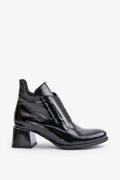 Damskie Zazoo 60504 Lakierowane Botki Na Klocku Ocieplane Czarne