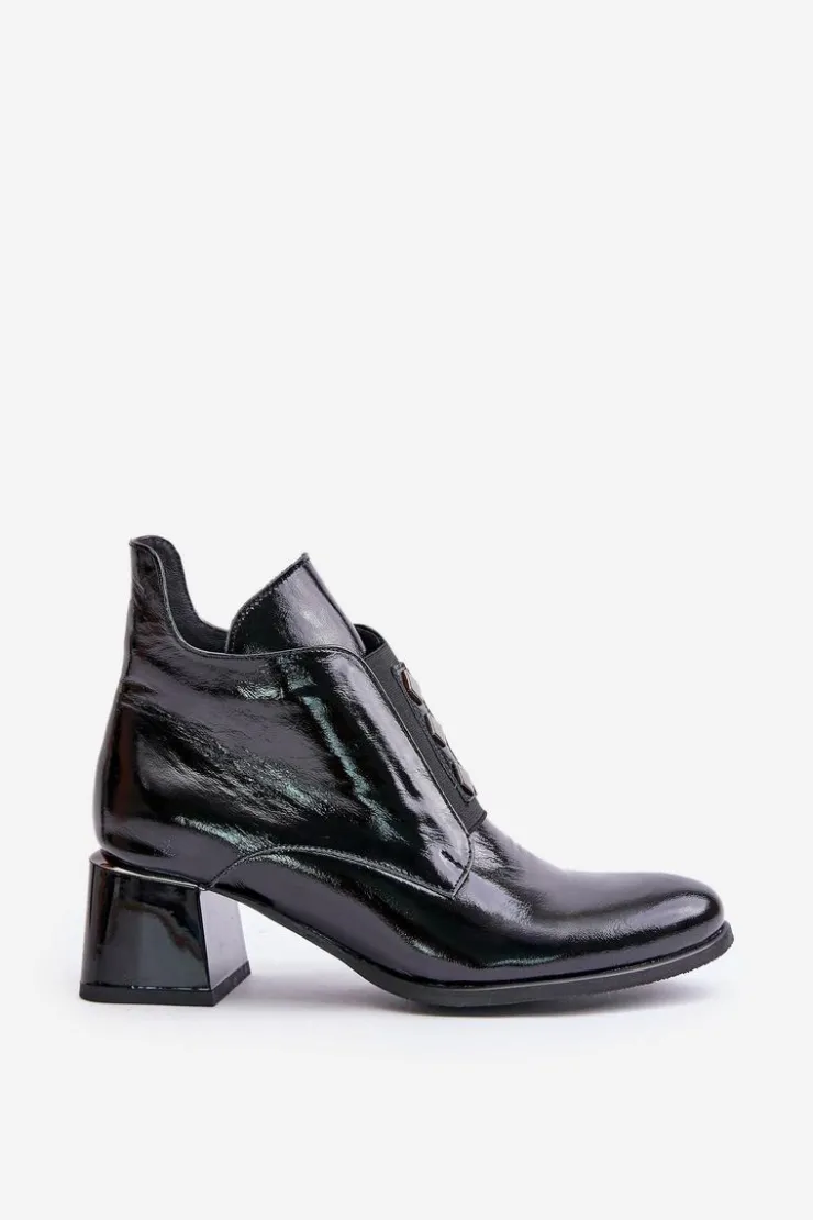 Damskie Zazoo 60504 Lakierowane Botki Na Klocku Ocieplane Czarne