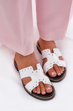 Damskie Zazoo 40326 Lakierowane Damskie Klapki Z Ozdobnymi Wycięciami Białe