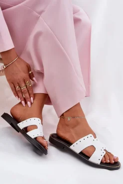 Damskie Zazoo 40326 Lakierowane Damskie Klapki Z Ozdobnymi Wycięciami Białe