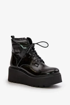 Best Zazoo 60499 Lakierowane Damskie Botki Na Platformie I Koturnie Ocieplane Skóra Naturalna Ciemnozielone