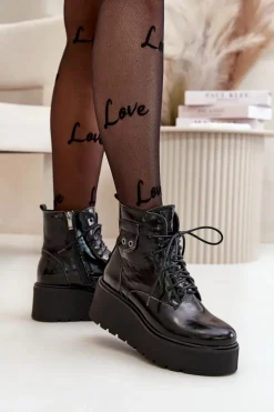 Best Zazoo 60499 Lakierowane Damskie Botki Na Platformie I Koturnie Ocieplane Skóra Naturalna Ciemnozielone