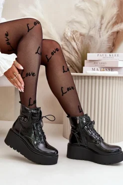 Best Zazoo 60499 Lakierowane Damskie Botki Na Platformie I Koturnie Ocieplane Skóra Naturalna Ciemnozielone