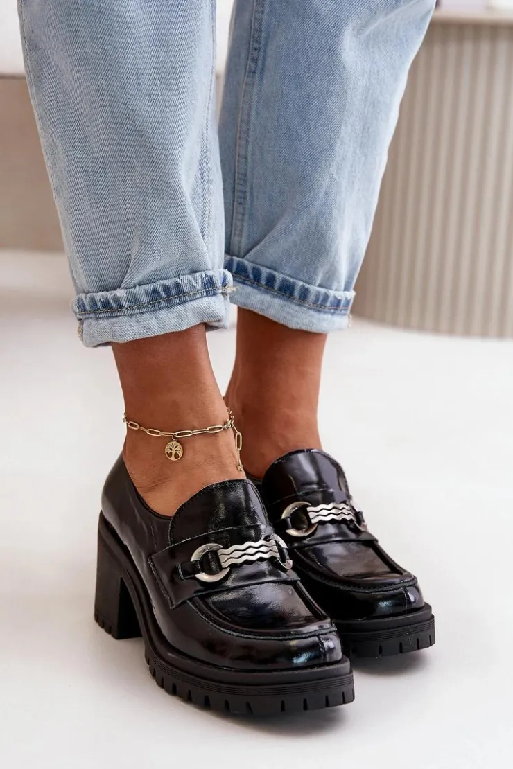 Best Zazoo 20175 Lakierowane Półbuty Damskie Na Słupku Skóra Naturalna Czarne Czarny