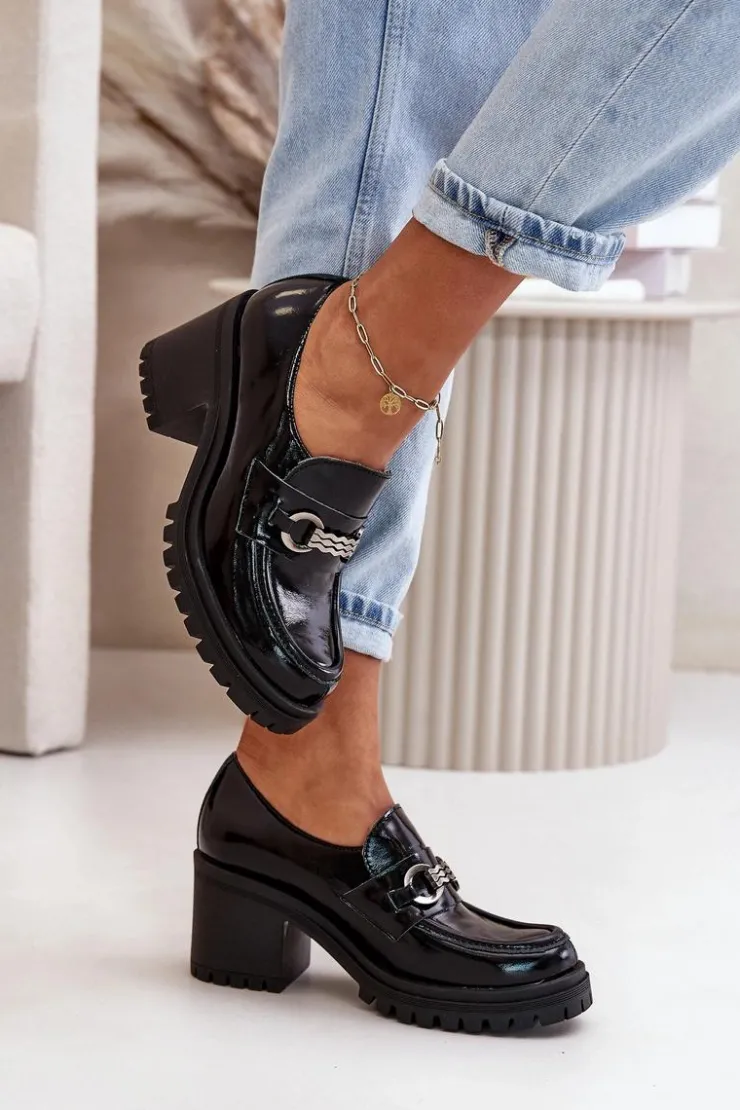 Best Zazoo 20175 Lakierowane Półbuty Damskie Na Słupku Skóra Naturalna Czarne Czarny