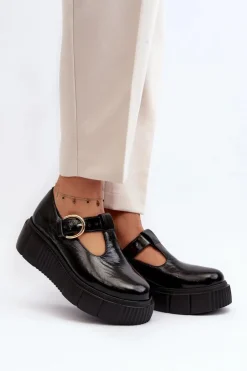 Outlet Zazoo 20102 Modne Lakierowane Półbuty Na Masywnej Platformie Czarne Czarny