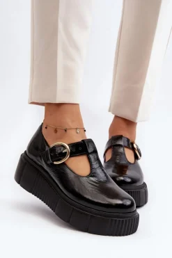 Outlet Zazoo 20102 Modne Lakierowane Półbuty Na Masywnej Platformie Czarne Czarny