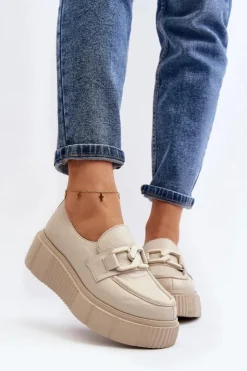 Damskie Zazoo 20101 Modne Skórzane Półbuty Na Platformie Jasnobeżowe