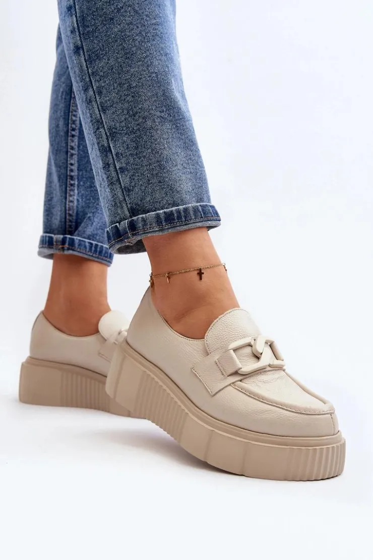 Damskie Zazoo 20101 Modne Skórzane Półbuty Na Platformie Jasnobeżowe