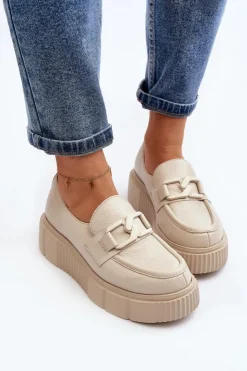 Damskie Zazoo 20101 Modne Skórzane Półbuty Na Platformie Jasnobeżowe