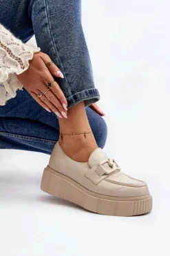 Damskie Zazoo 20101 Modne Skórzane Półbuty Na Platformie Jasnobeżowe