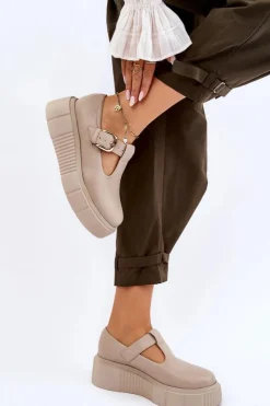 Outlet Zazoo 20102 Modne Skórzane Półbuty Na Masywnej Platformie Beżowe