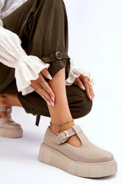 Outlet Zazoo 20102 Modne Skórzane Półbuty Na Masywnej Platformie Beżowe