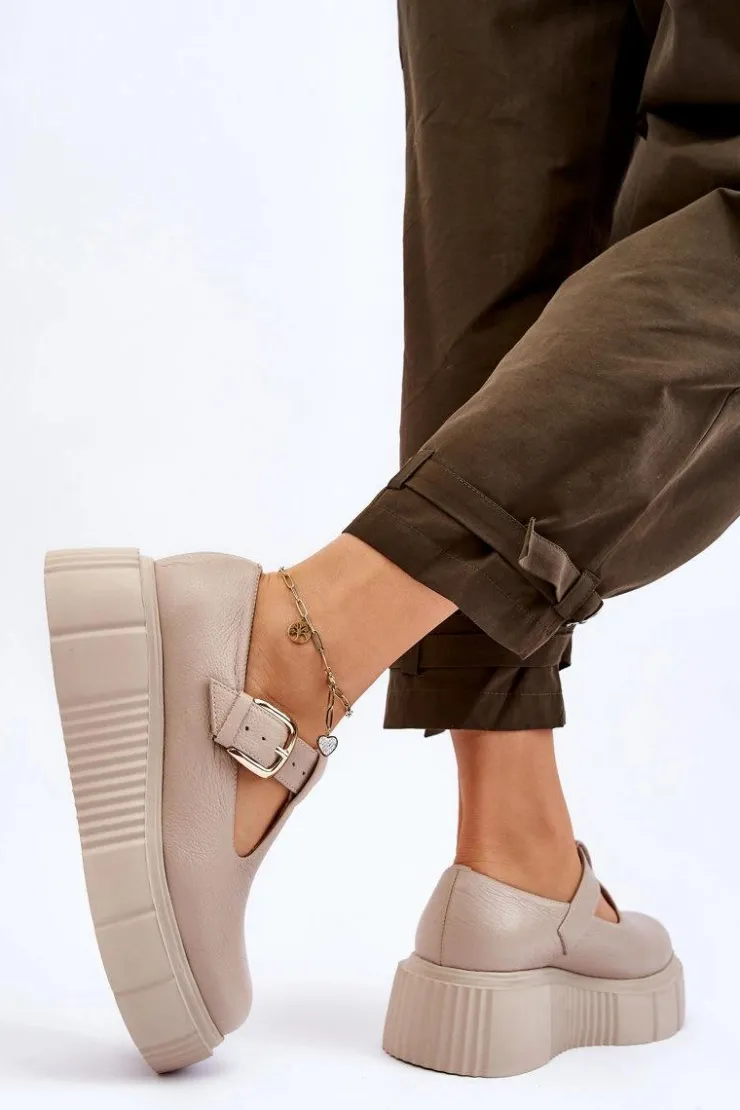 Outlet Zazoo 20102 Modne Skórzane Półbuty Na Masywnej Platformie Beżowe