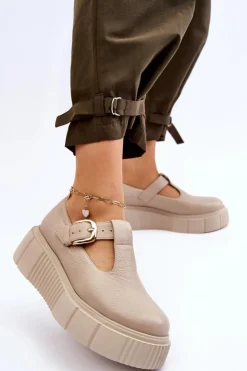 Outlet Zazoo 20102 Modne Skórzane Półbuty Na Masywnej Platformie Beżowe