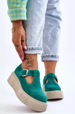 Zazoo Półbuty Lakierowane|Półbuty Skórzane*20102 Modne Zamszowe Półbuty Na Masywnej Platformie Zielone