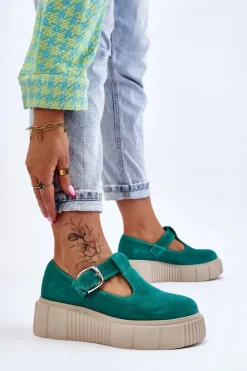 Zazoo Półbuty Lakierowane|Półbuty Skórzane*20102 Modne Zamszowe Półbuty Na Masywnej Platformie Zielone