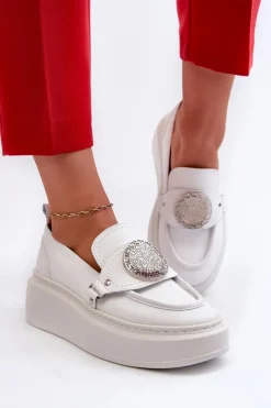 New Zazoo 3486 Mokasyny Damskie Skórzane Z Ozdobą Białe
