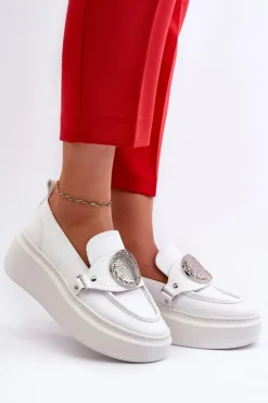 New Zazoo 3486 Mokasyny Damskie Skórzane Z Ozdobą Białe